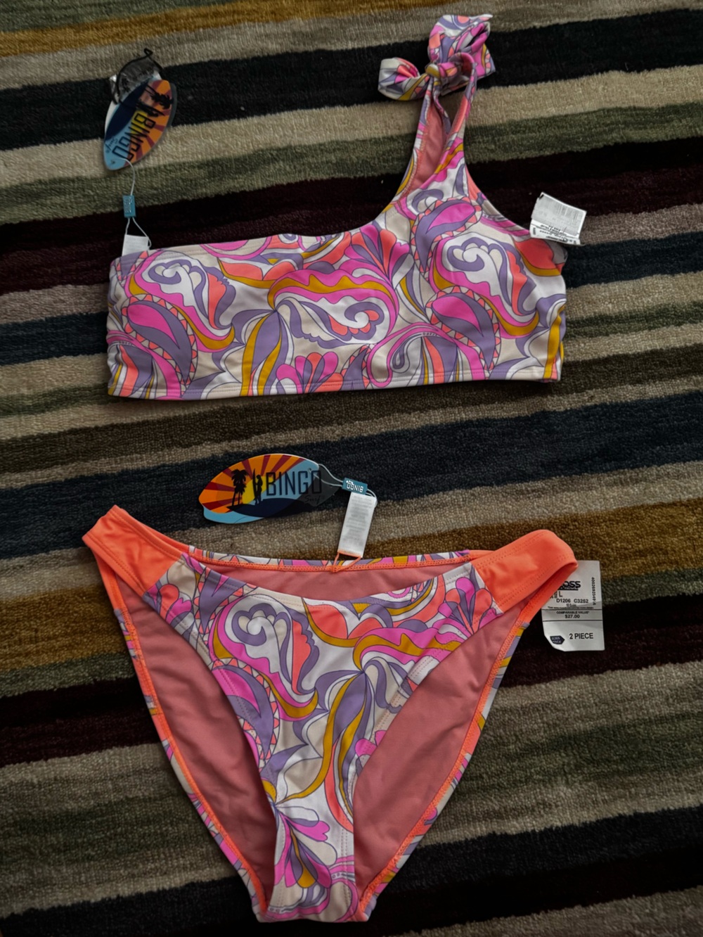 Pink, Purple & Orange Paisley One-Shoulder Bikini Set
